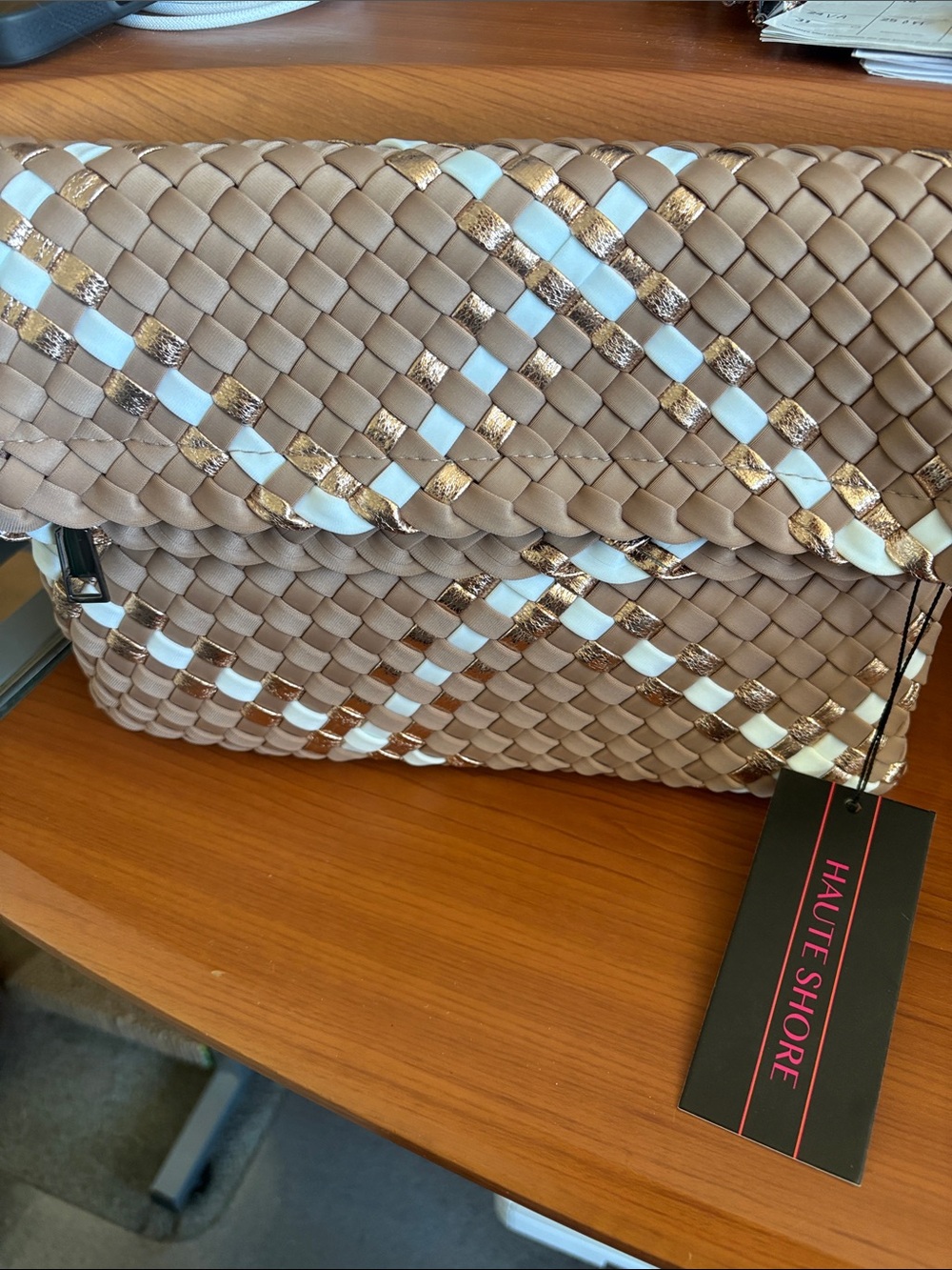 HAUTE SHORE Taupe Woven Clutch with Gold & White Accents